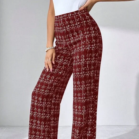 Burgundy Elegant Women's Plaid Knitted Pants - Picture 4 of 6